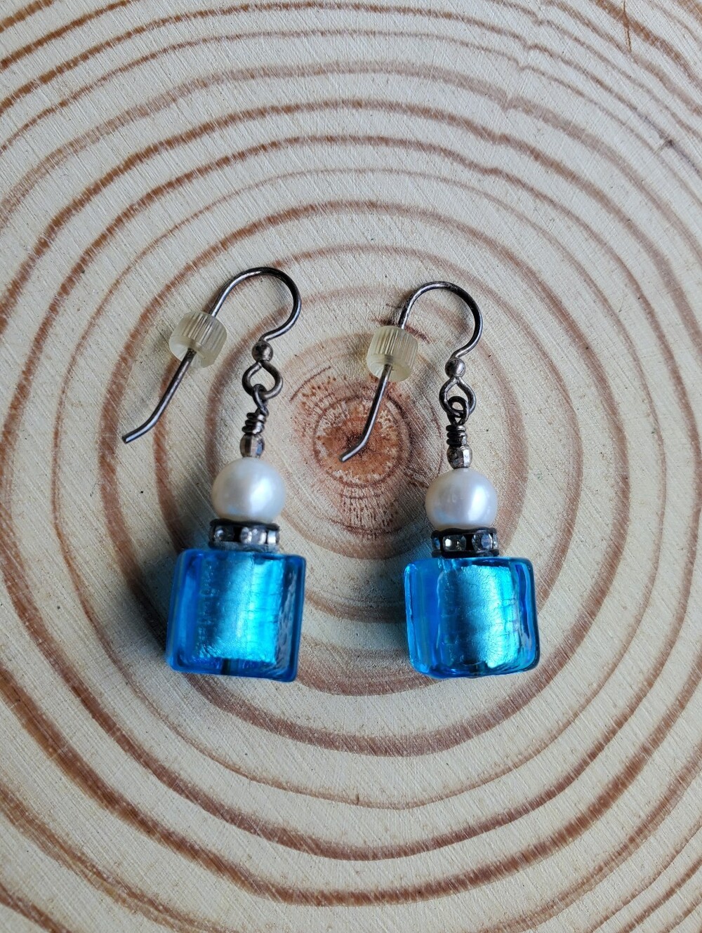 Vtg. Murano Glass & Pearls Dangle Earrings